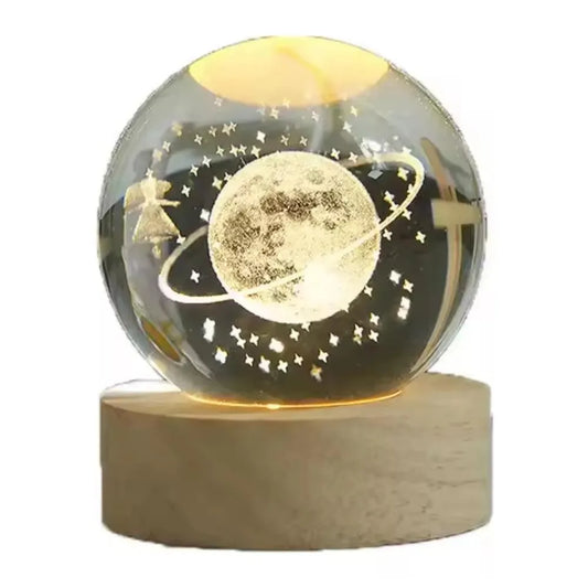 Lámpara Bola De Cristal 3D Planeta Tierra – Luz LED Ambiental Con Base De Madera Real Casa Prática