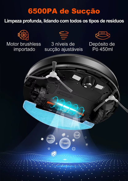 Robô Aspirador ABIR X9 | Lidar + SLAM, 6500Pa, Limpeza UV, Aspira e Passa Pano — Casa Inteligente