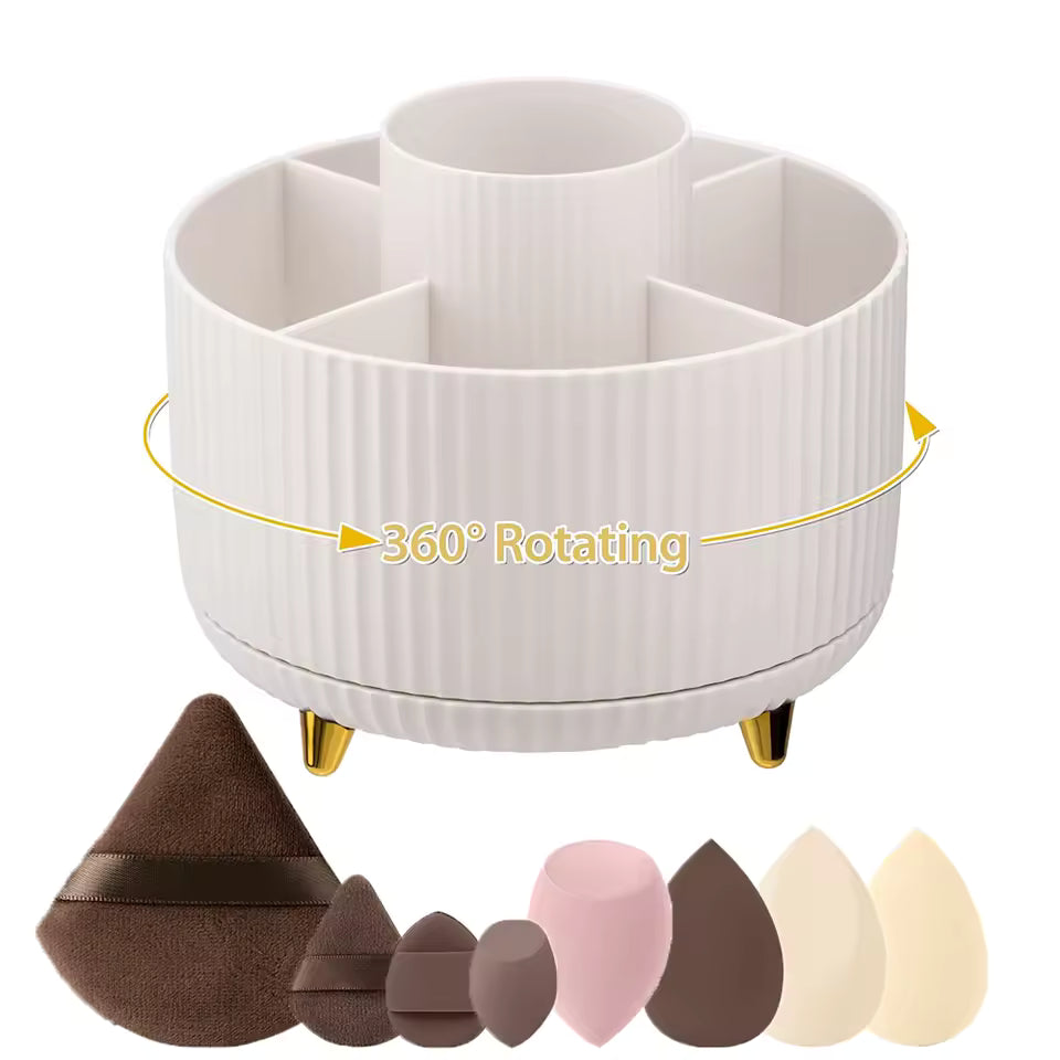 Organizador de Maquiagem Giratório 360° – Porta Cosméticos com 5 Compartimentos e Suporte para Pincéis