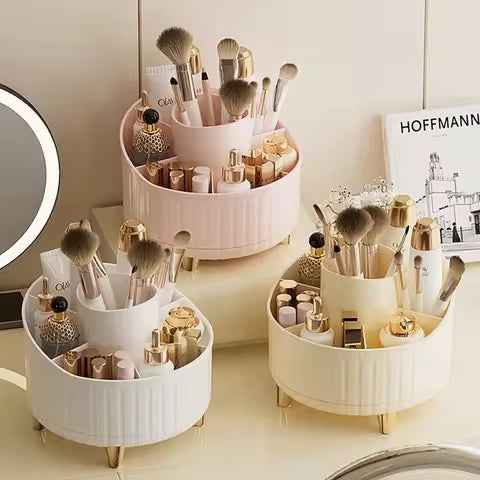 Organizador de Maquiagem Giratório 360° – Porta Cosméticos com 5 Compartimentos e Suporte para Pincéis