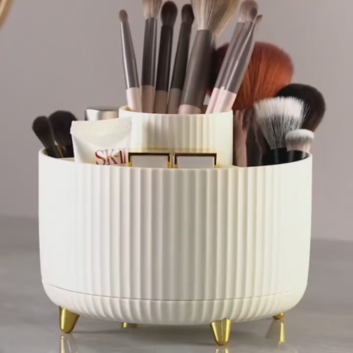 Organizador de Maquiagem Giratório 360° – Porta Cosméticos com 5 Compartimentos e Suporte para Pincéis